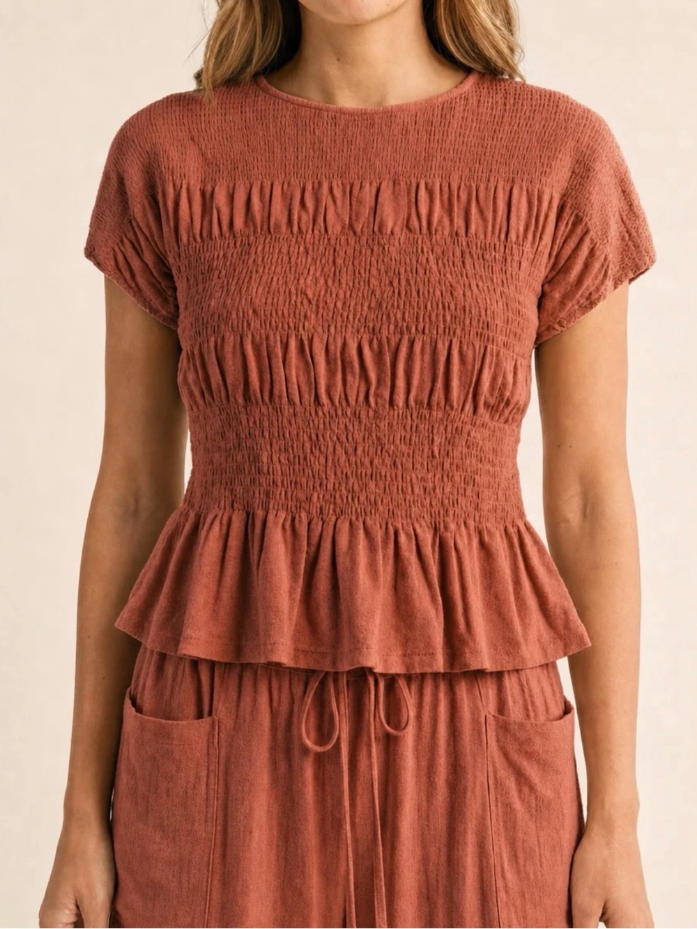 NWT Loma Smocked Peplum Top & Wide Leg Pants Set, Rust, Size Large - Picture 2 of 14